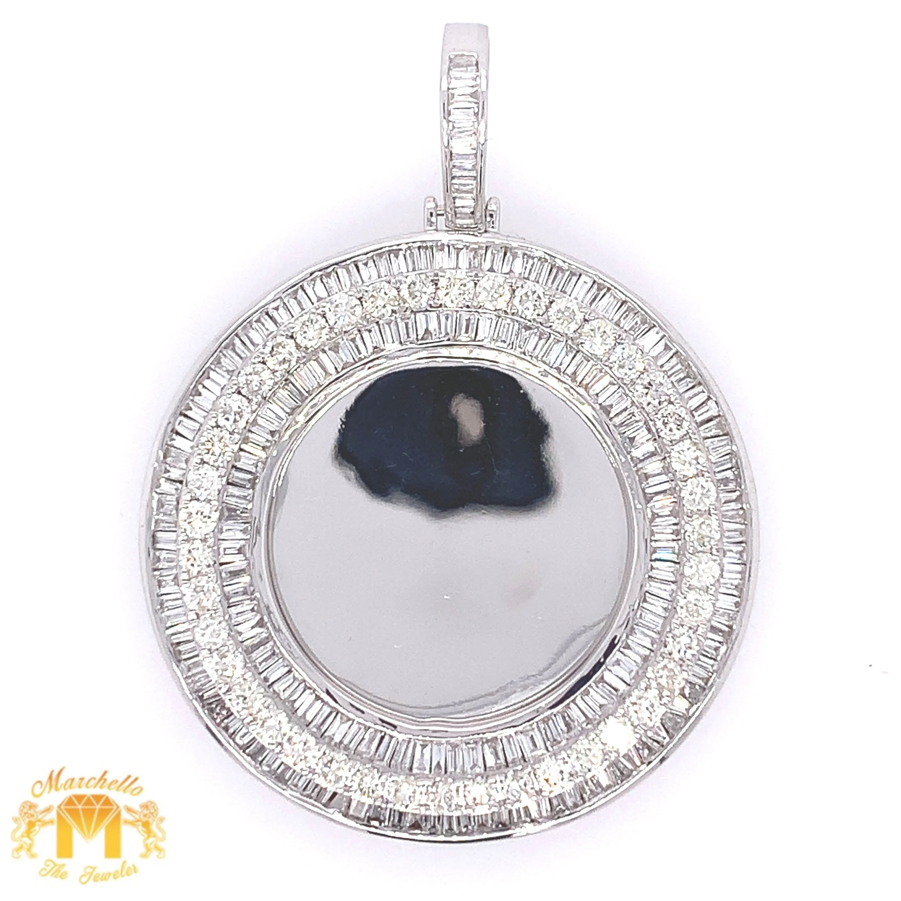 Large 3.29ct Baguette and Round Diamond 14k Gold Round Memory Picture Pendant and Gold Cuban Link Chain Set