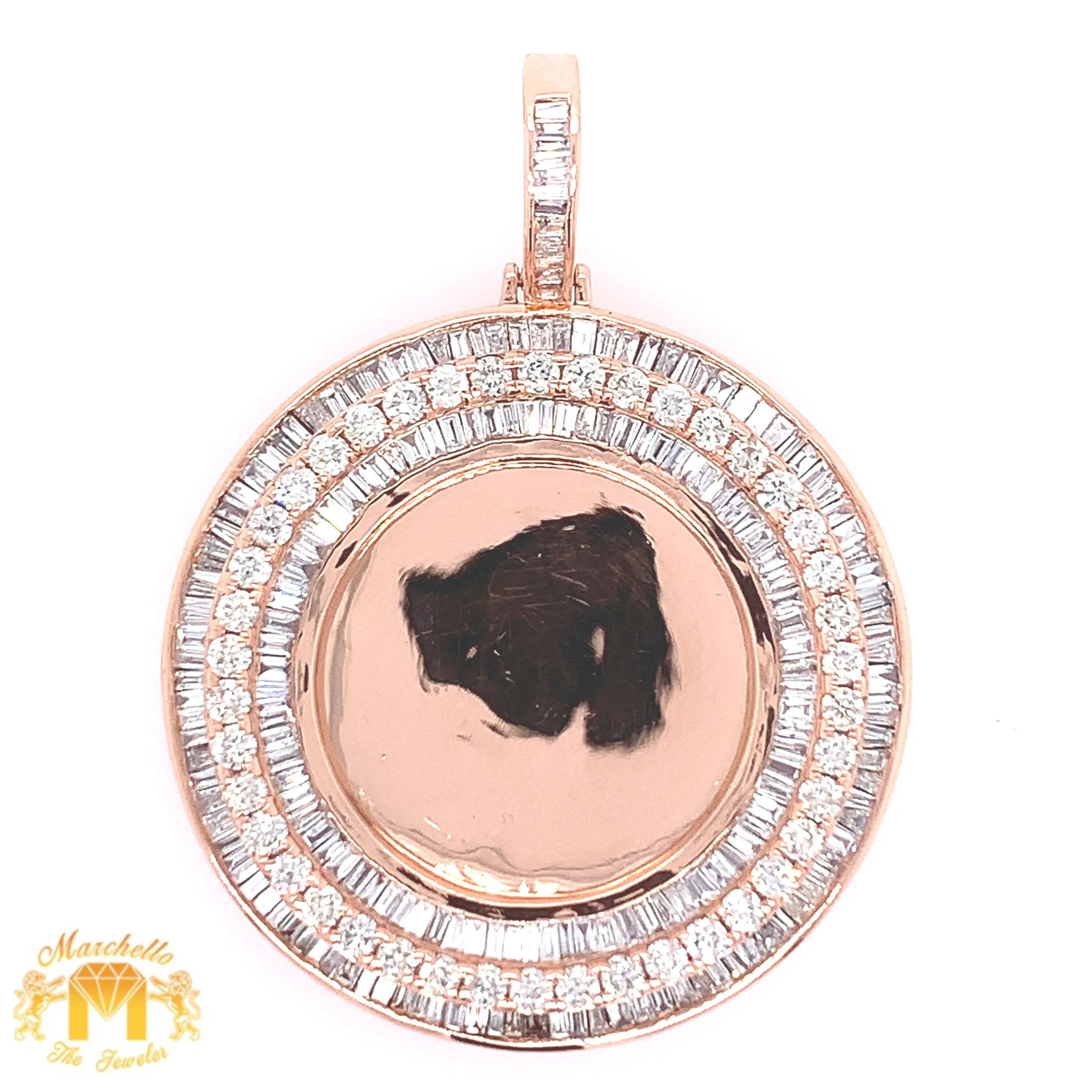 Large 3.29ct Baguette and Round Diamond 14k Gold Round Memory Picture Pendant and Gold Cuban Link Chain Set