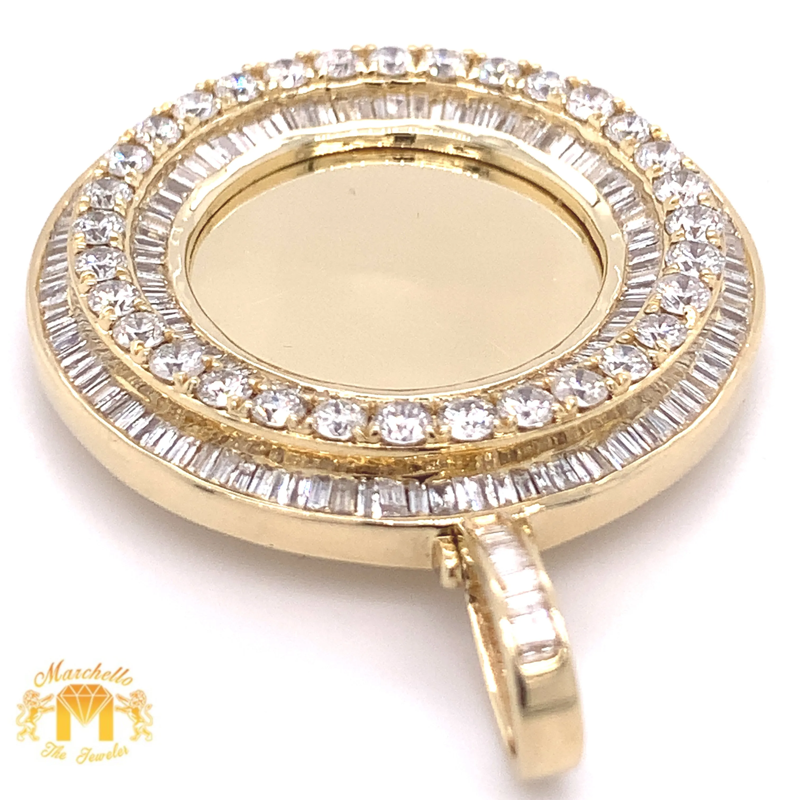 Large 3.29ct Baguette and Round Diamond 14k Gold Round Memory Picture Pendant and Gold Cuban Link Chain Set