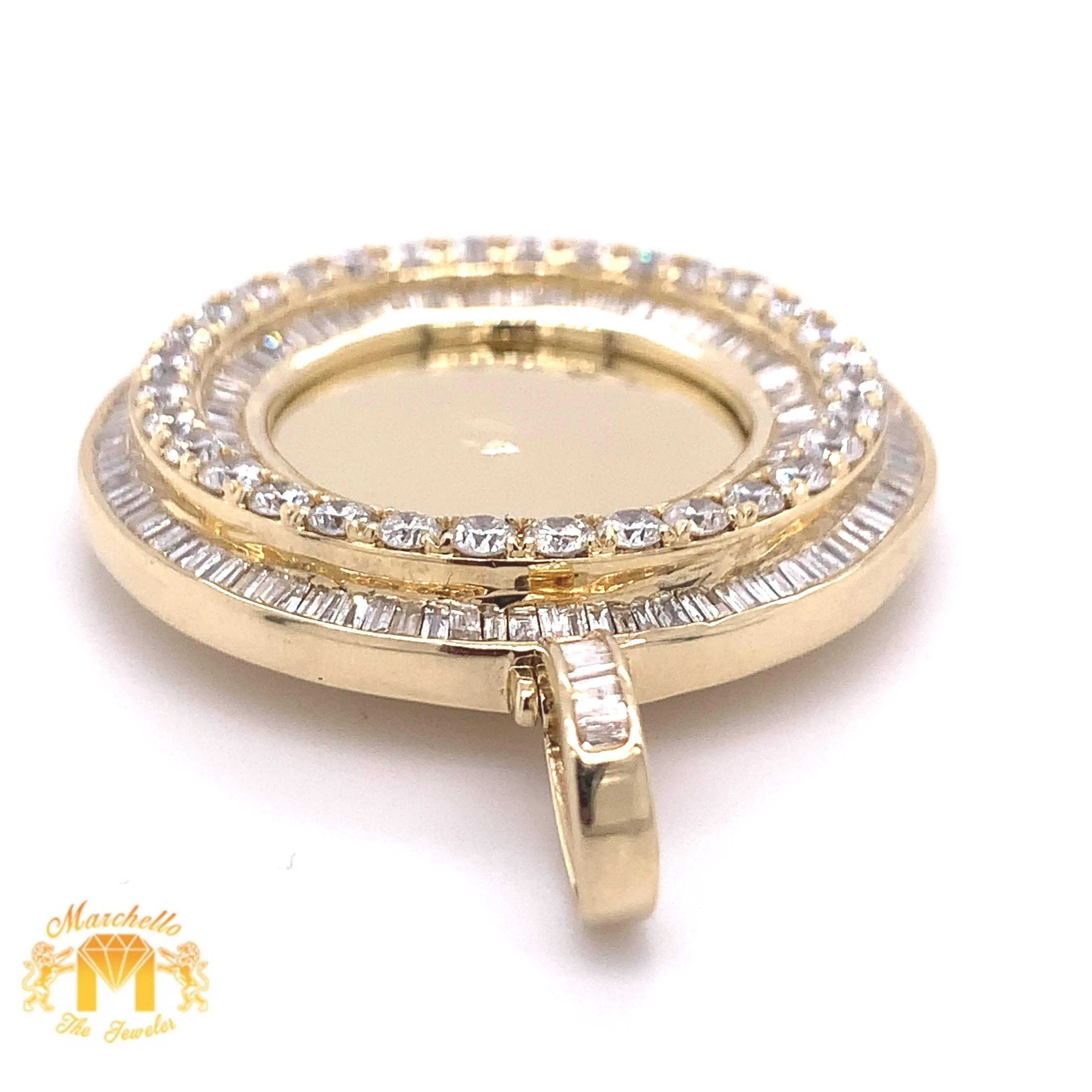 Large 3.29ct Baguette and Round Diamond 14k Gold Round Memory Picture Pendant and Gold Cuban Link Chain Set