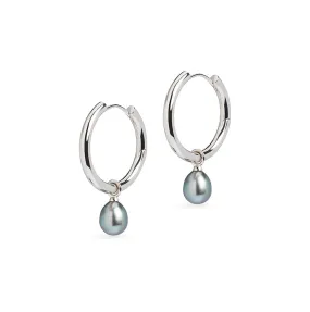 Large Hoop and Tahitian Pearl Charm Silver Earring Set