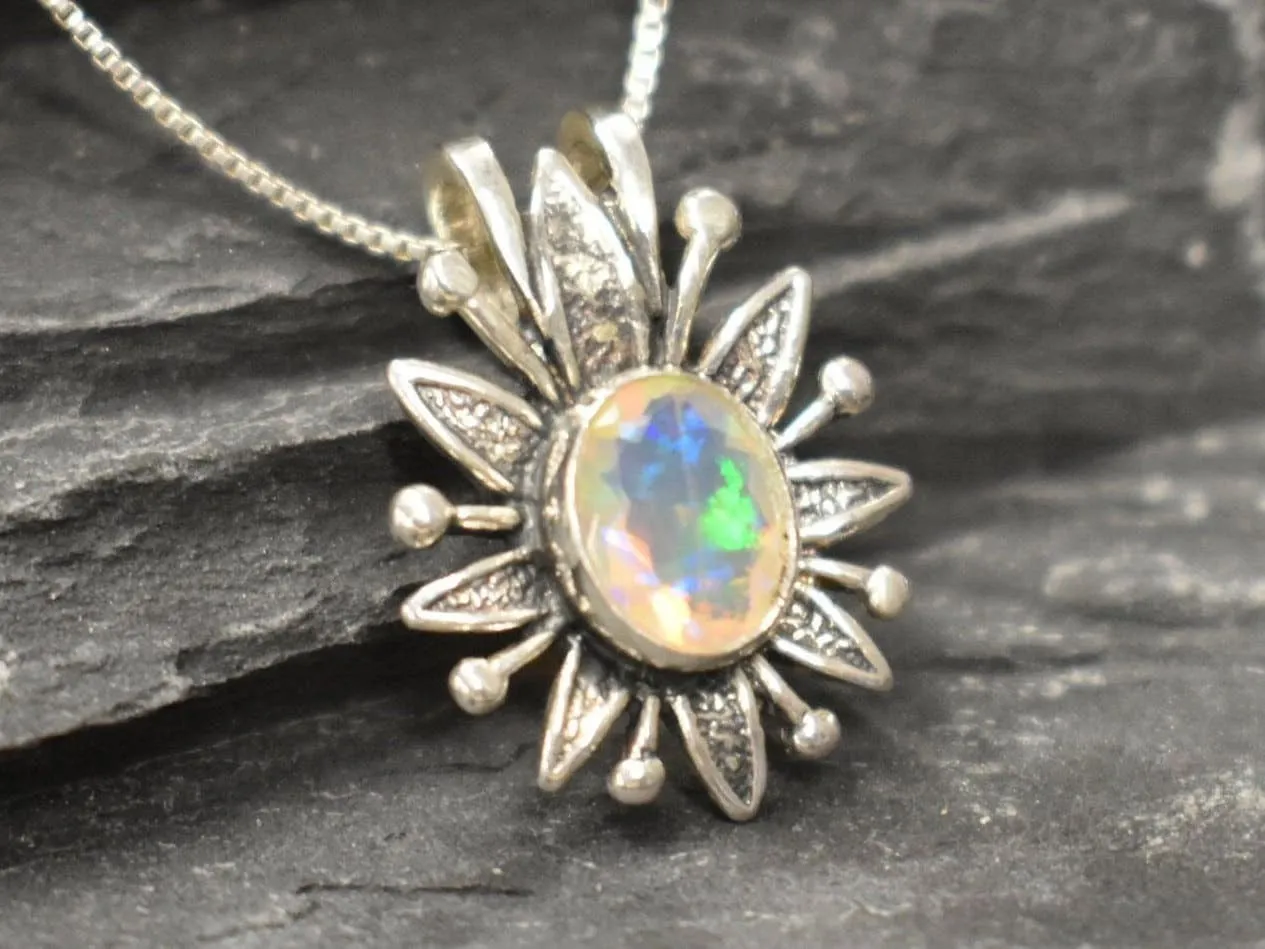 Large Opal Flower Pendant - Natural Opal Necklace - Vintage Statement Necklace