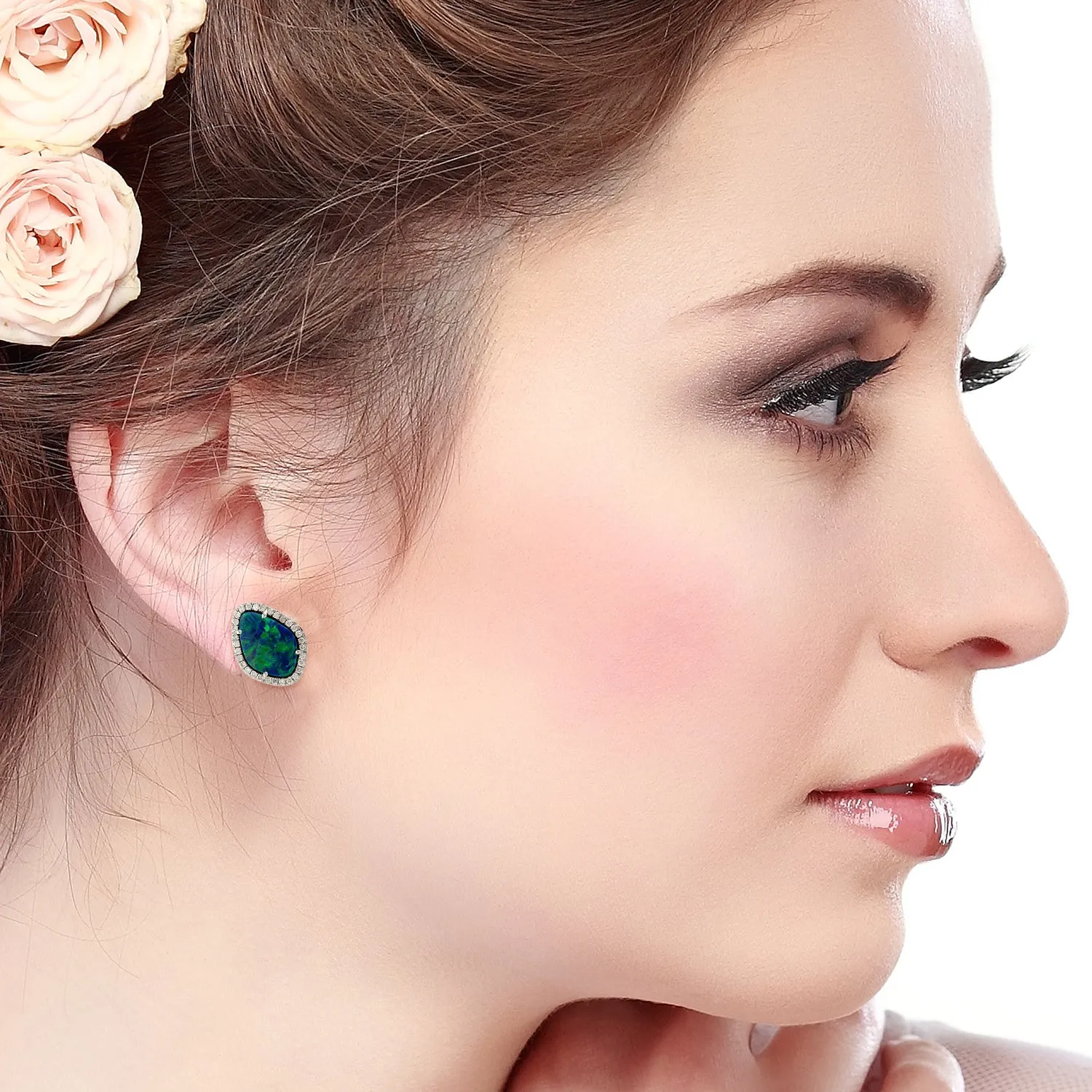 Marquise Shape Opal Doublet Pave Diamond White Gold Stud Earrings For Her