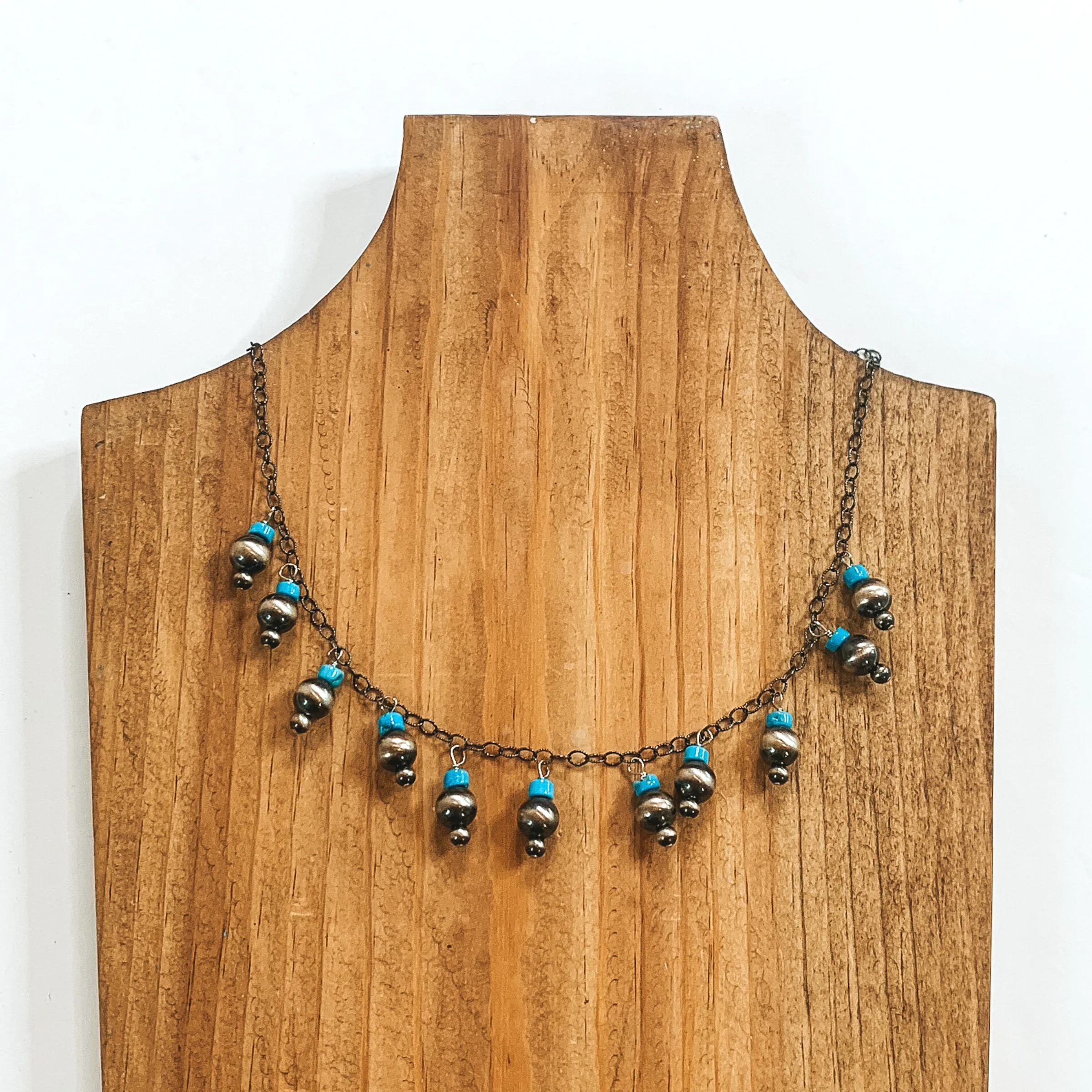 Mason Lee | Navajo Handmade Sterling Silver Chain Necklace with Kingman Turquoise and Navajo Pearl Charms
