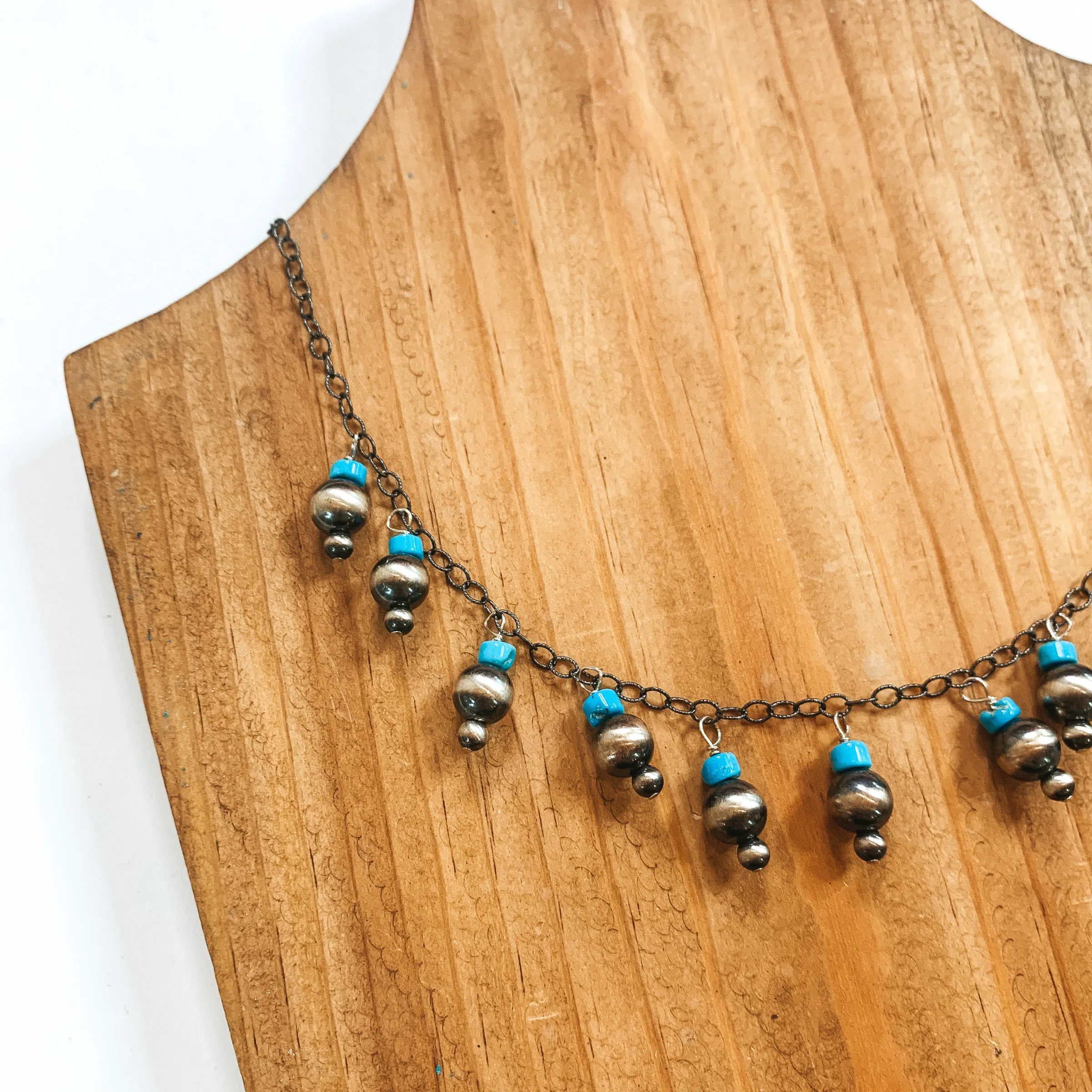 Mason Lee | Navajo Handmade Sterling Silver Chain Necklace with Kingman Turquoise and Navajo Pearl Charms