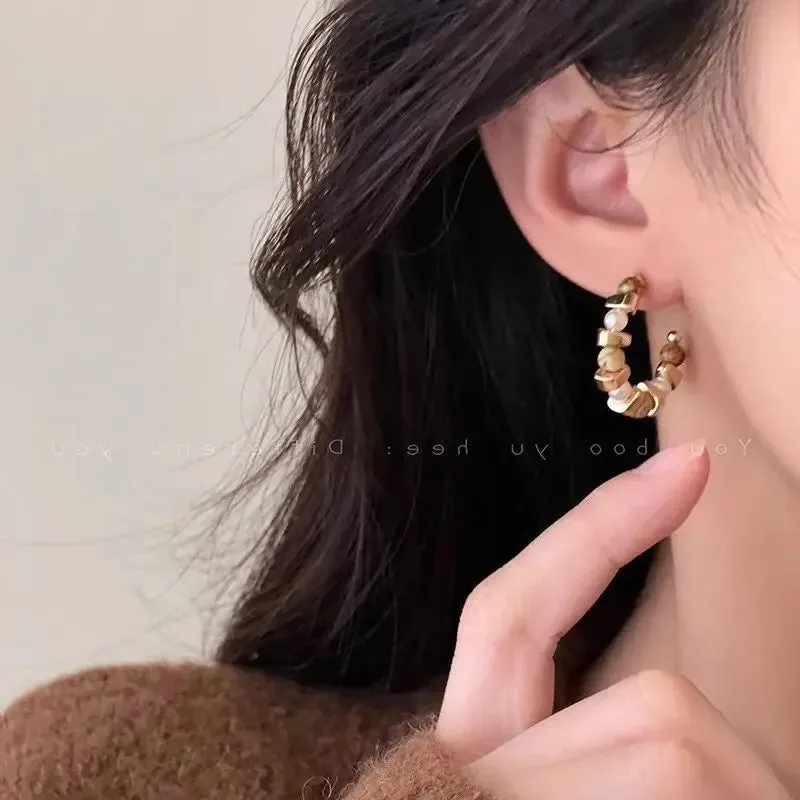 New Design Brown Wear Retro Irregular Texture Stone Beaded Hoop Fashion Elegant Gift Wholesale Korean Earring