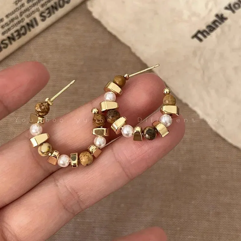 New Design Brown Wear Retro Irregular Texture Stone Beaded Hoop Fashion Elegant Gift Wholesale Korean Earring