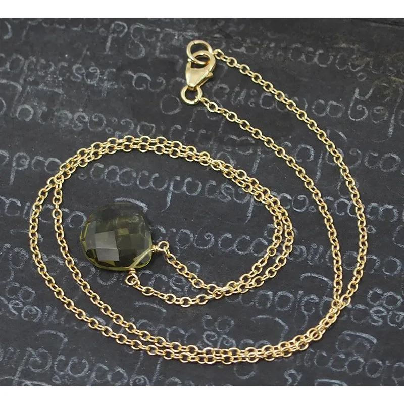 Olive Quartz Necklace On Gold Filled Chain With Gold Filled Trigger Clasp