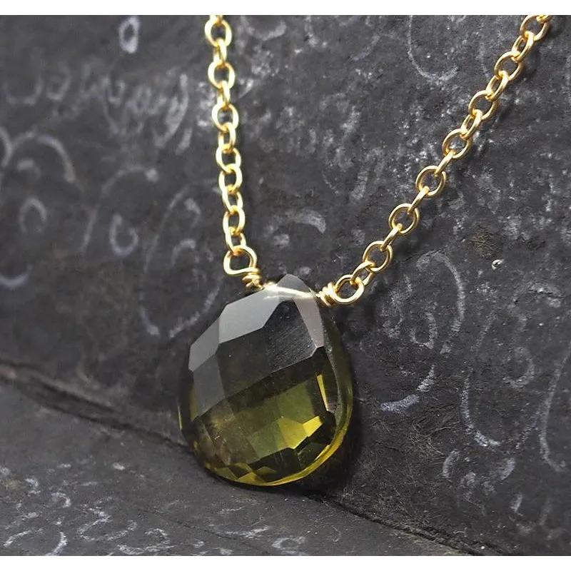 Olive Quartz Necklace On Gold Filled Chain With Gold Filled Trigger Clasp