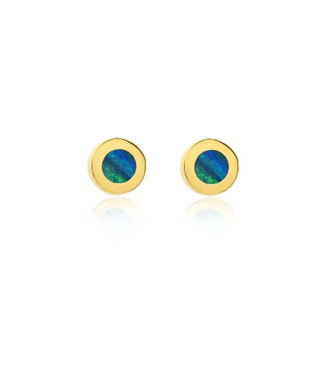 Opal Inlay Circle Stud Yellow Gold Earrings