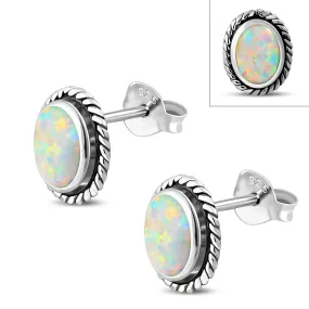 Oval Synthetic Sun & Ice Opal Silver Stud Earrings