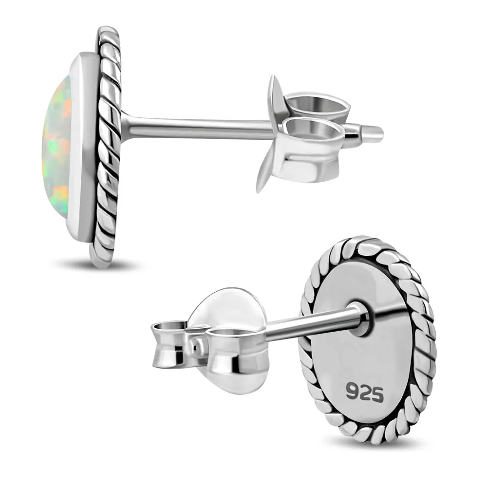 Oval Synthetic Sun & Ice Opal Silver Stud Earrings