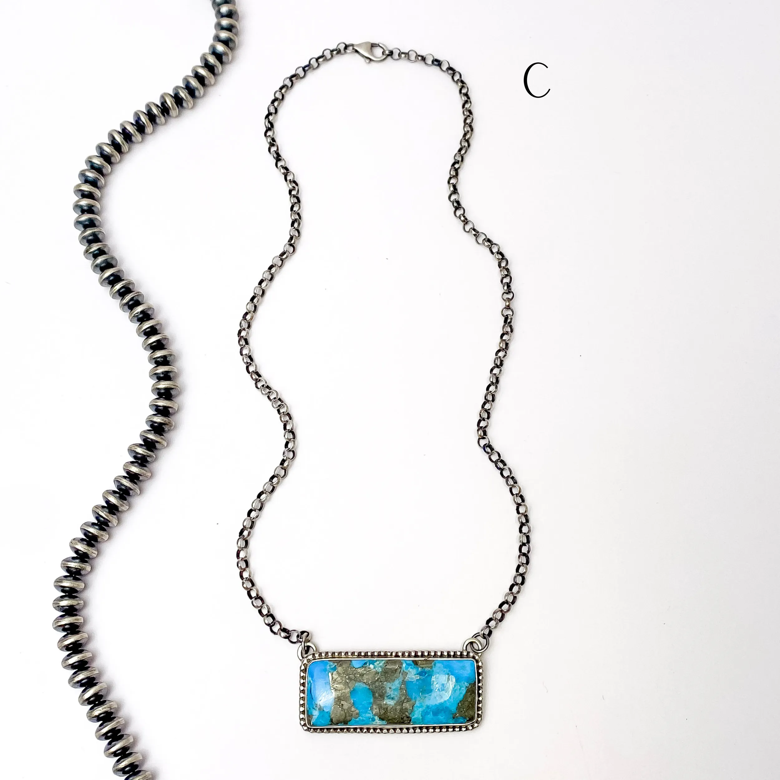 P Yazzie | Navajo Handmade Sterling Silver Chain Necklace with Kingman Turquoise Bar