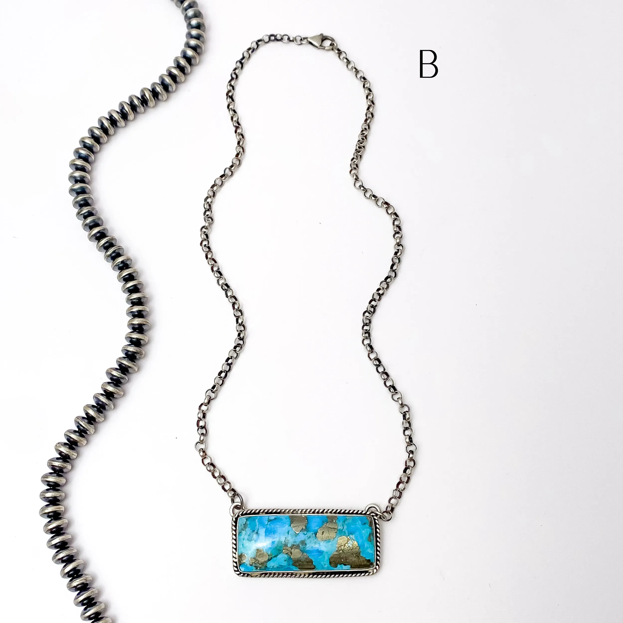 P Yazzie | Navajo Handmade Sterling Silver Chain Necklace with Kingman Turquoise Bar