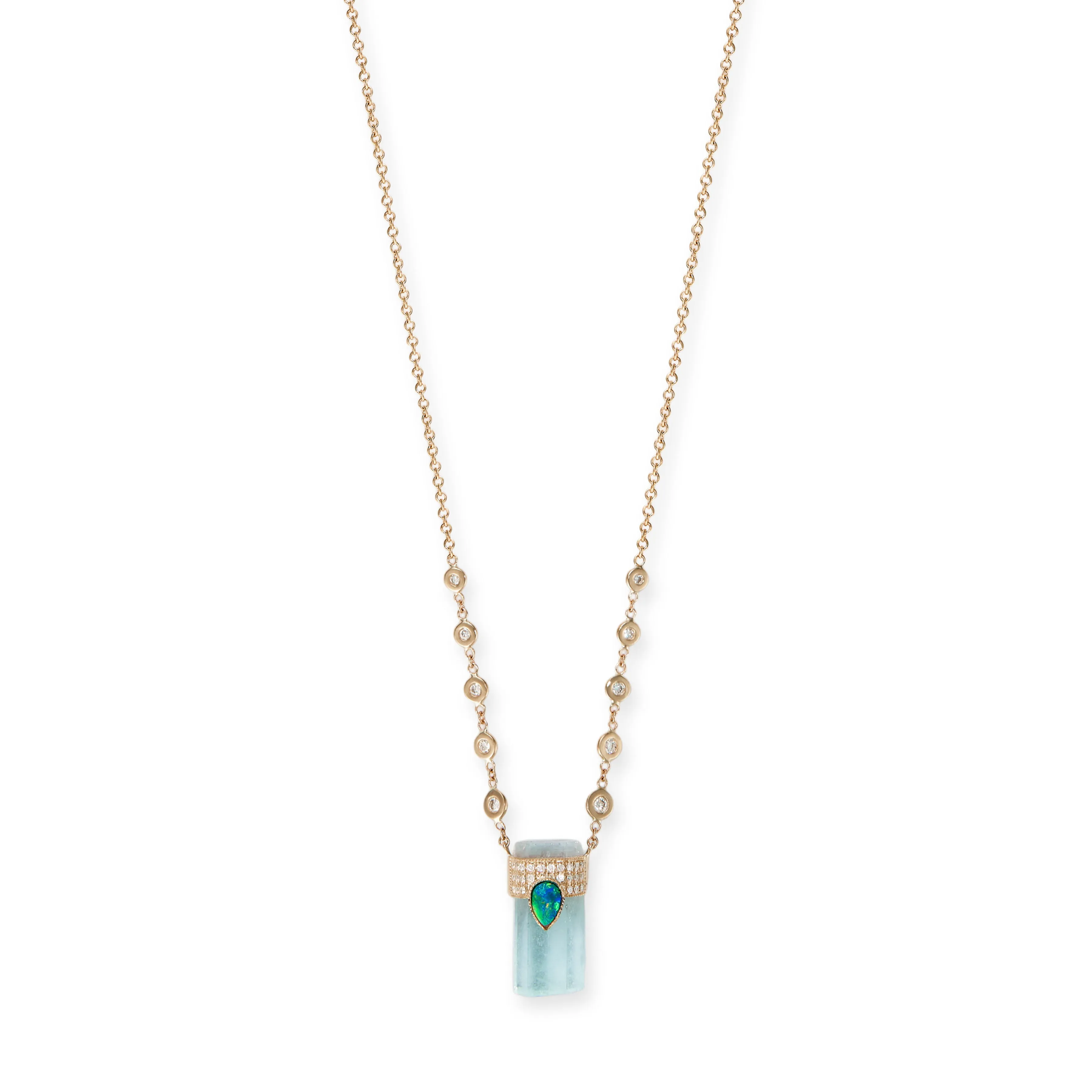 PAVE OPAL TEARDROP CAP   AQUAMARINE CRYSTAL NECKLACE