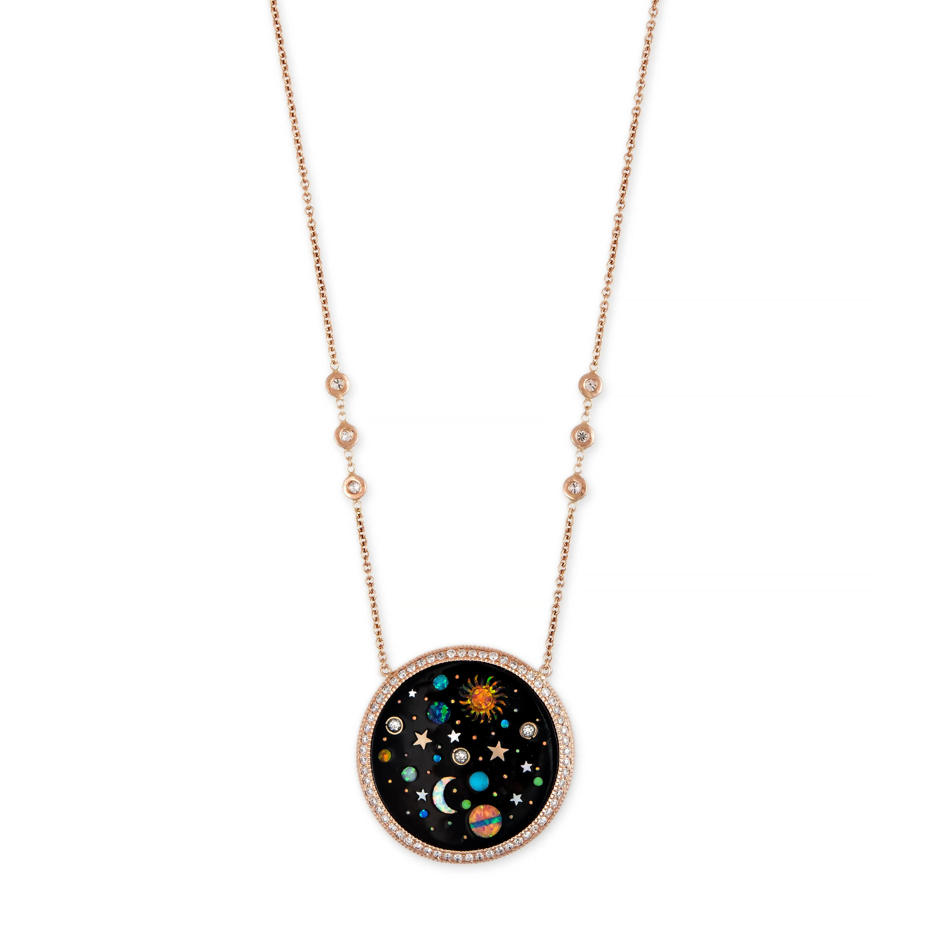 PAVE ROUND ONYX   OPAL STARRY GALAXY INLAY NECKLACE