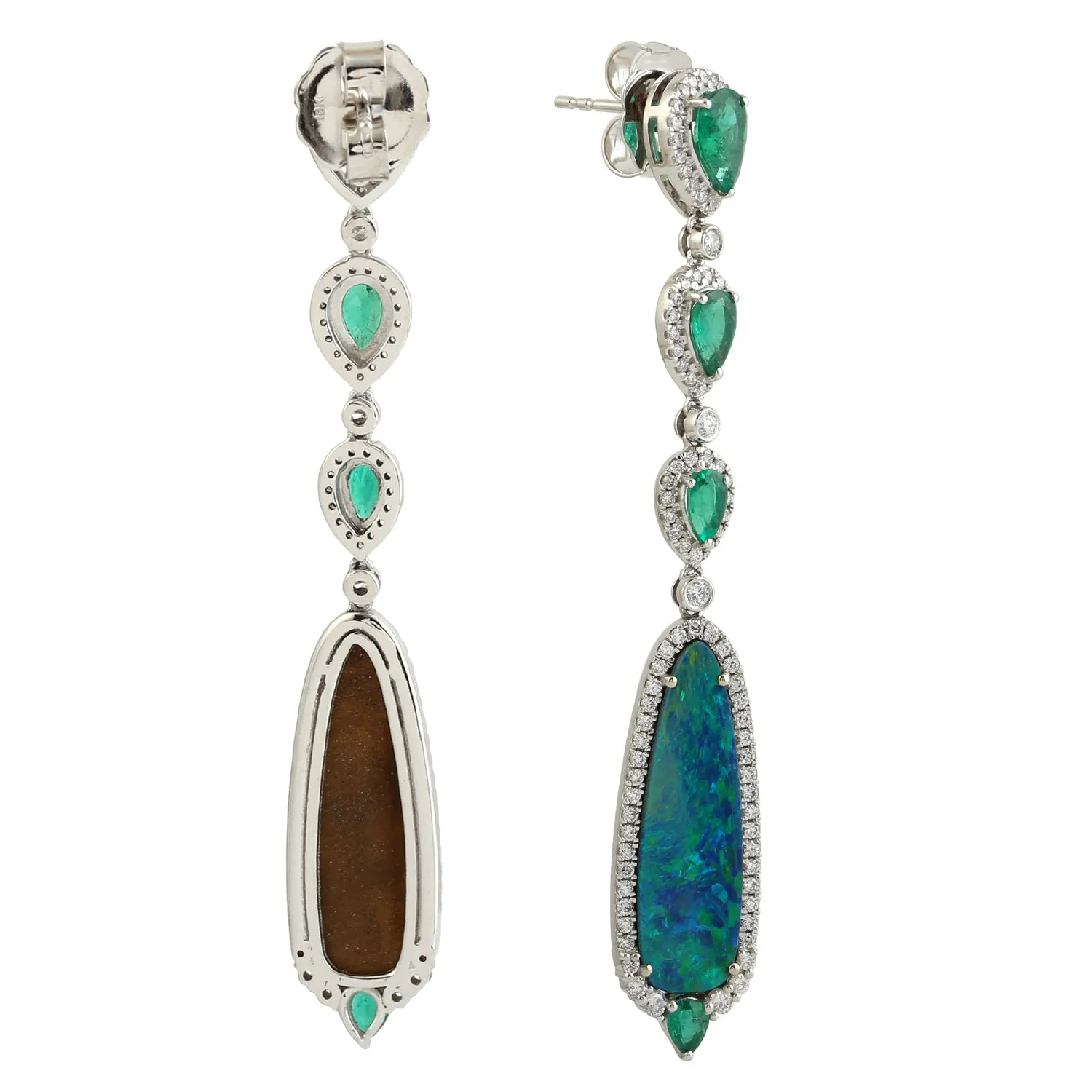 Pear Emerald Opal Doublet Pave Diamond 18K White Gold Wedding Dangle Earrings