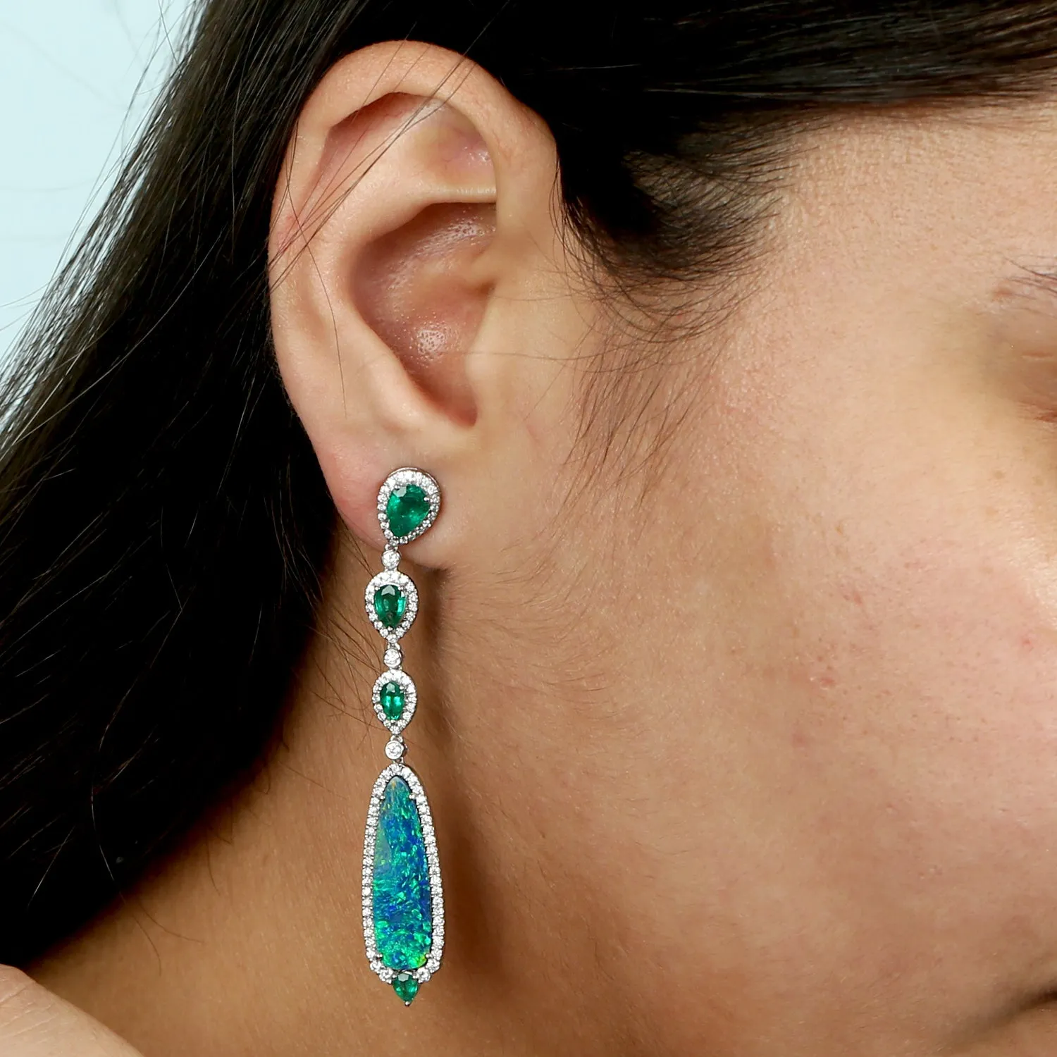 Pear Emerald Opal Doublet Pave Diamond 18K White Gold Wedding Dangle Earrings