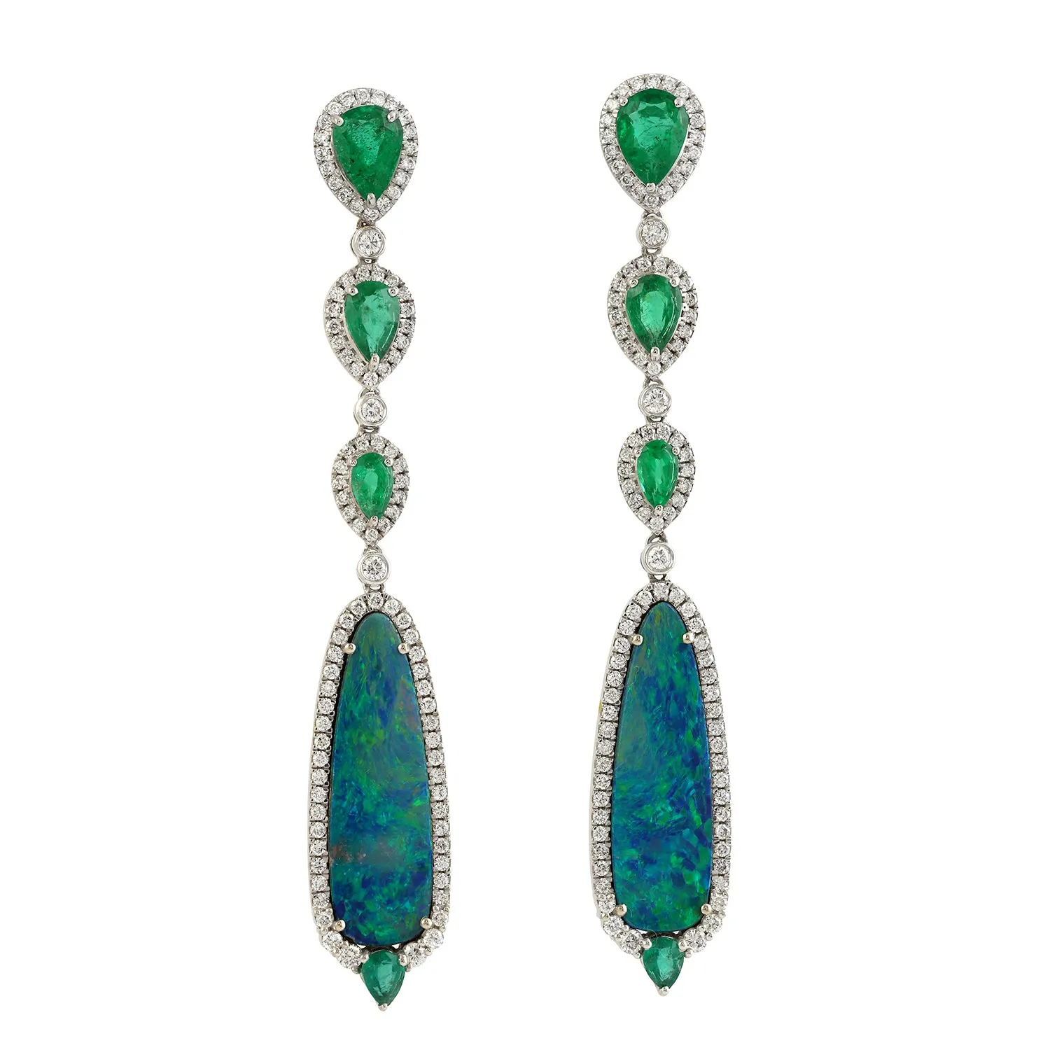 Pear Emerald Opal Doublet Pave Diamond 18K White Gold Wedding Dangle Earrings