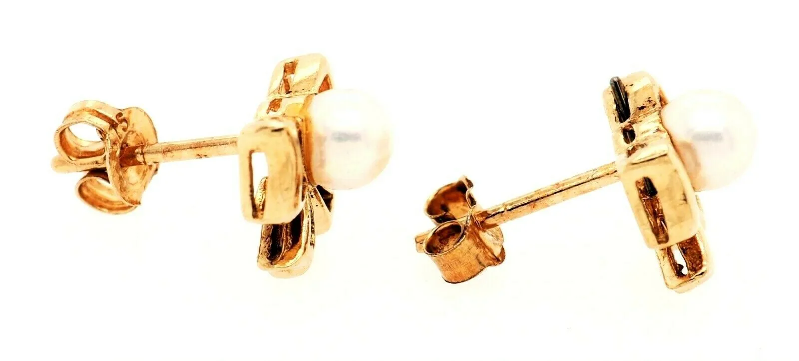 Pearl & 9ct Yellow Gold Bow Stud Earrings Fine Jewellery Pierced Ears