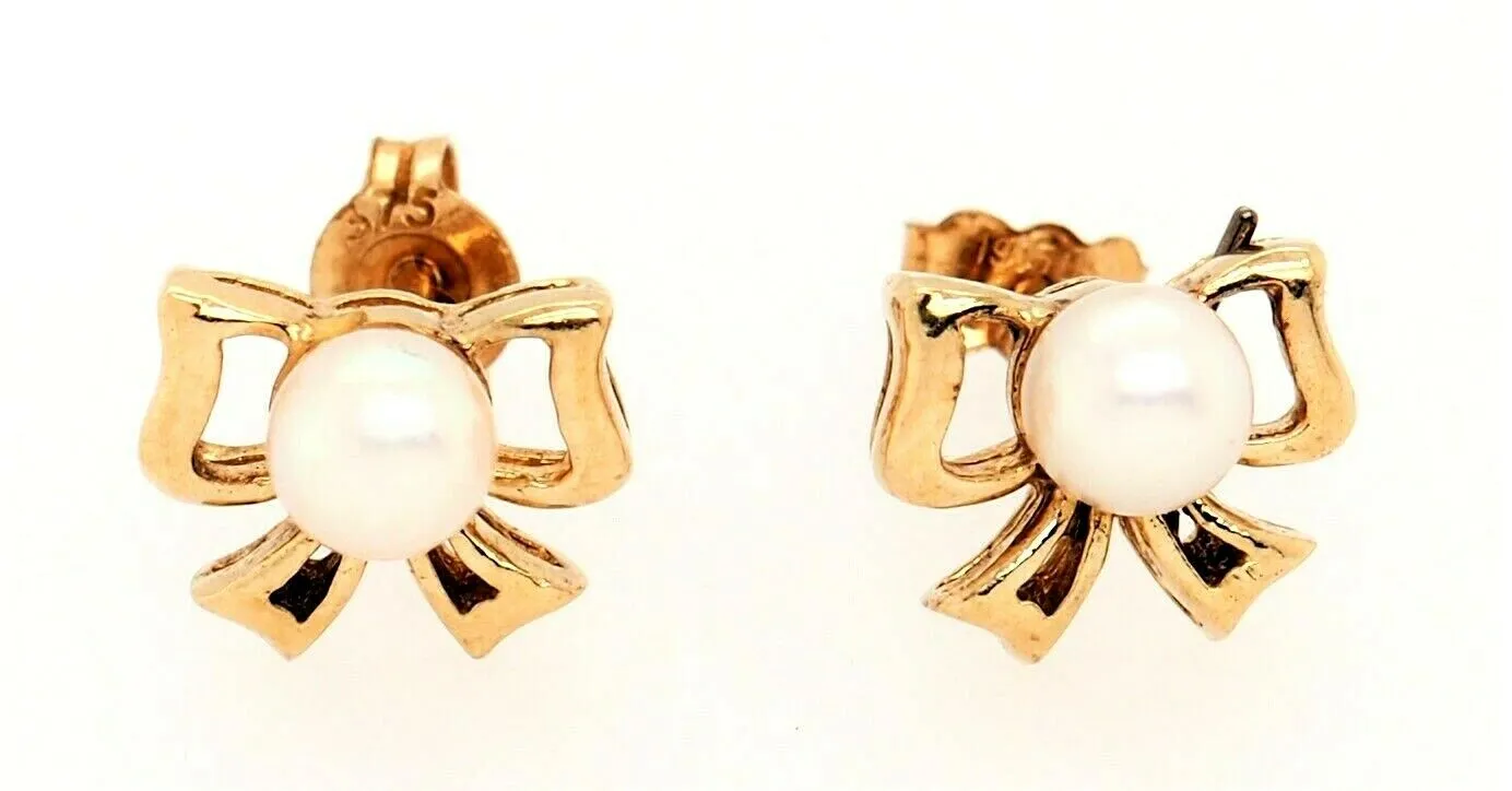 Pearl & 9ct Yellow Gold Bow Stud Earrings Fine Jewellery Pierced Ears