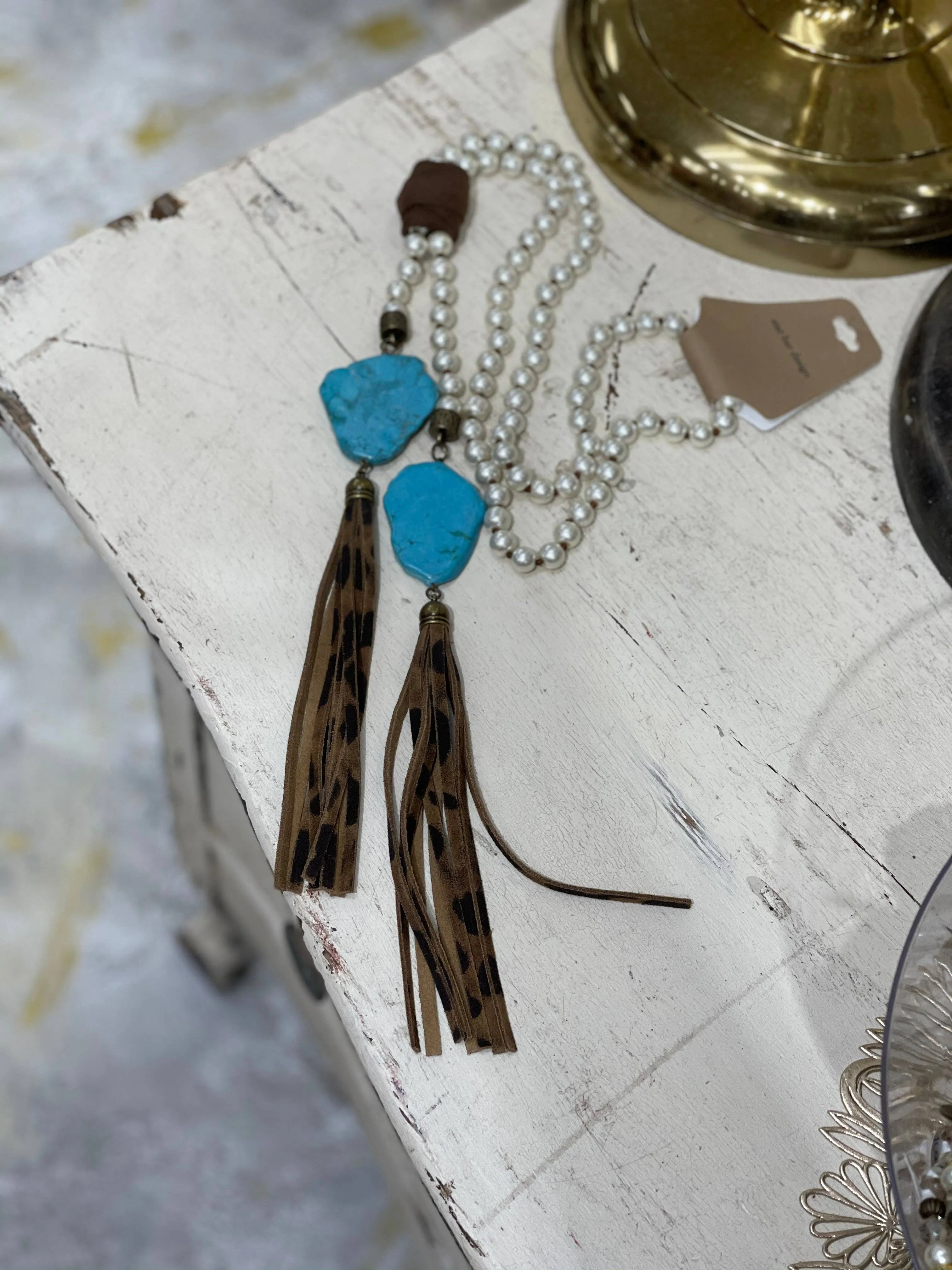 Pearl Leatherwrap Necklace w/Turquoise Ends