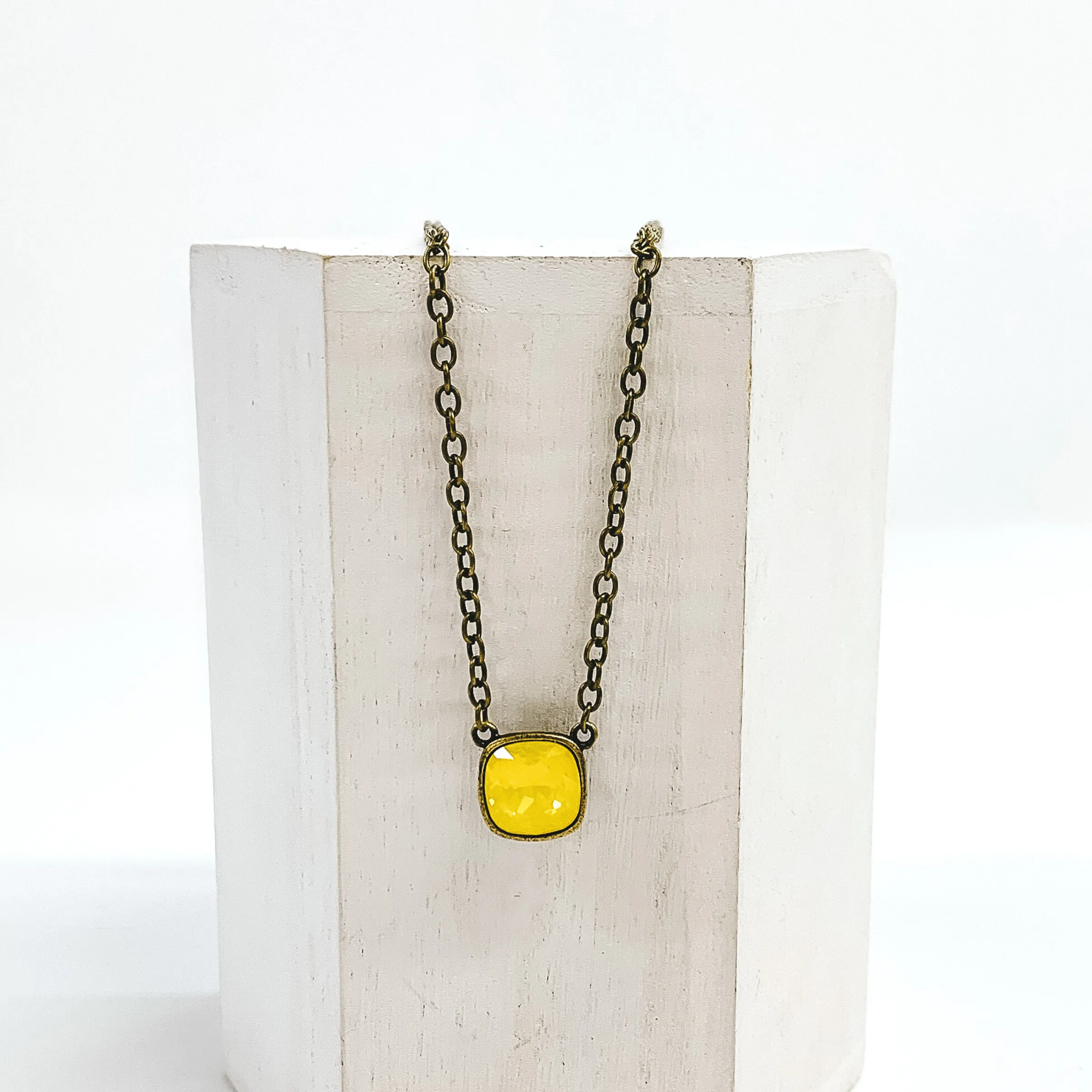 Pink Panache | Bronze Chain Necklace with Yellow Cushion Cut Crystal