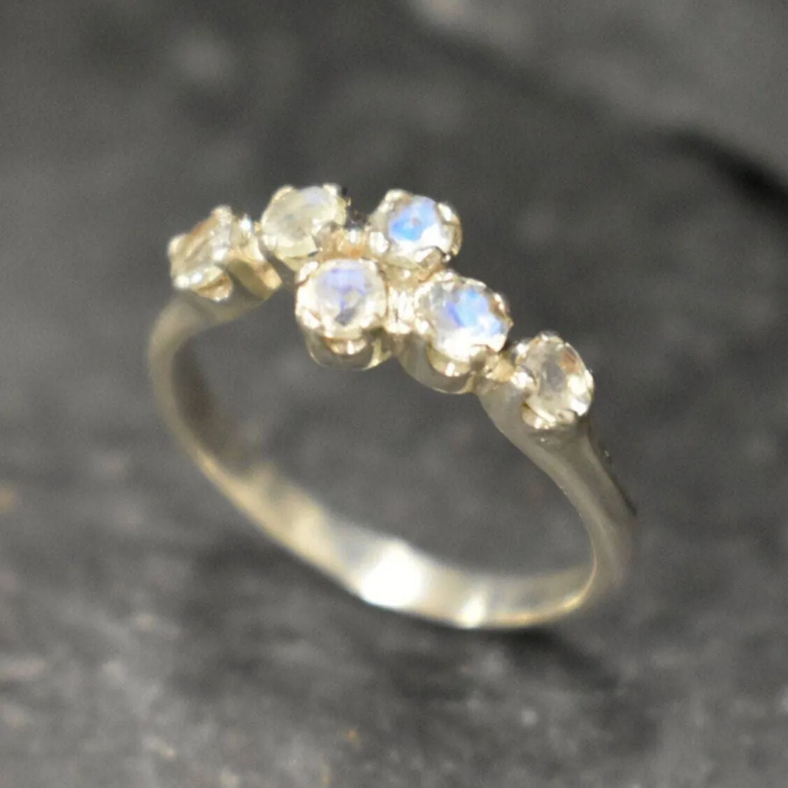 Rainbow Moonstone Ring - White Bypass Band - Vintage Eternity Ring
