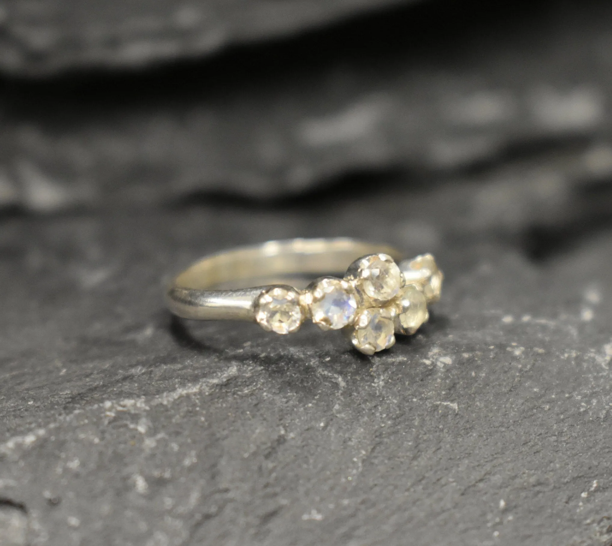 Rainbow Moonstone Ring - White Bypass Band - Vintage Eternity Ring