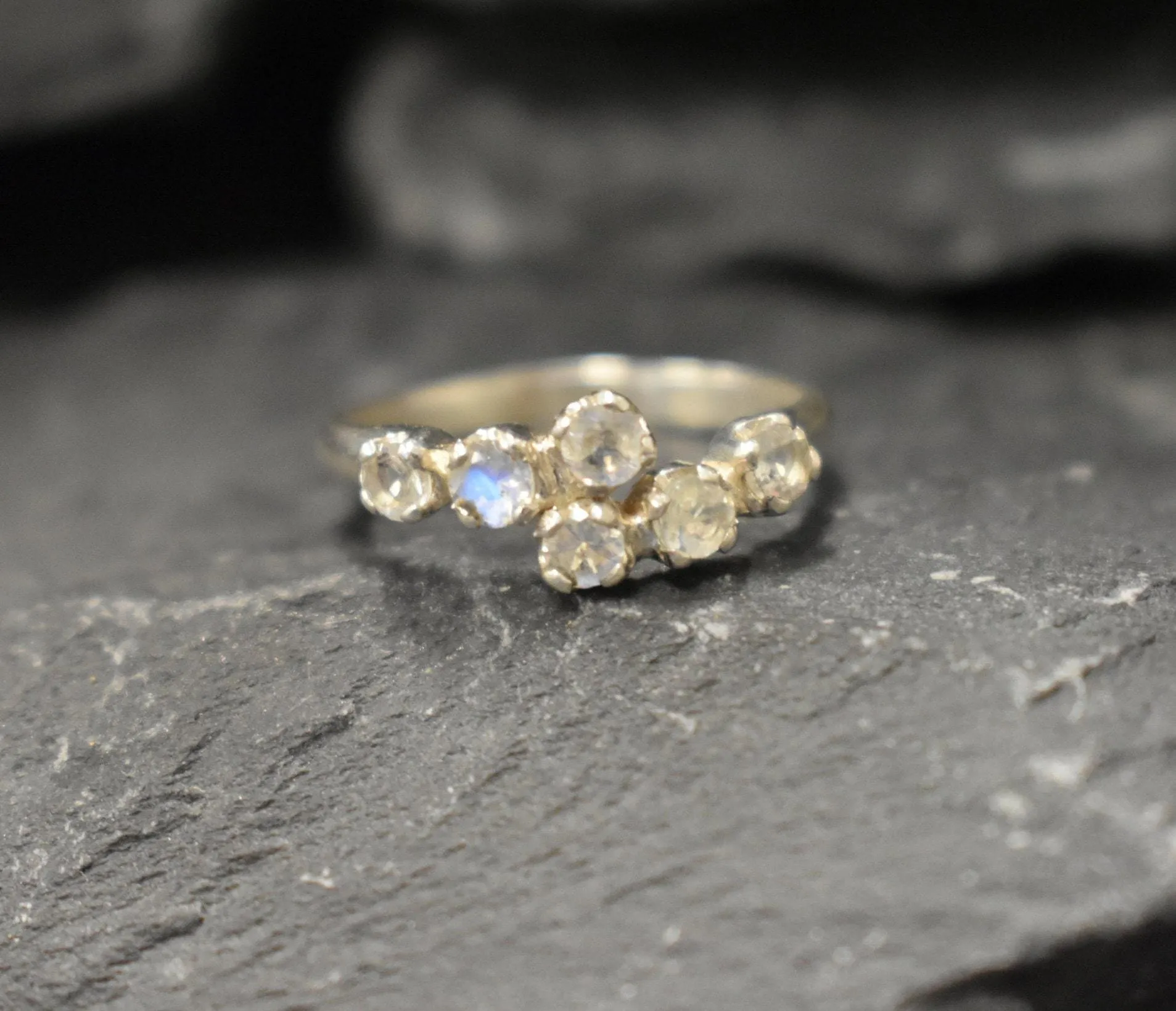 Rainbow Moonstone Ring - White Bypass Band - Vintage Eternity Ring