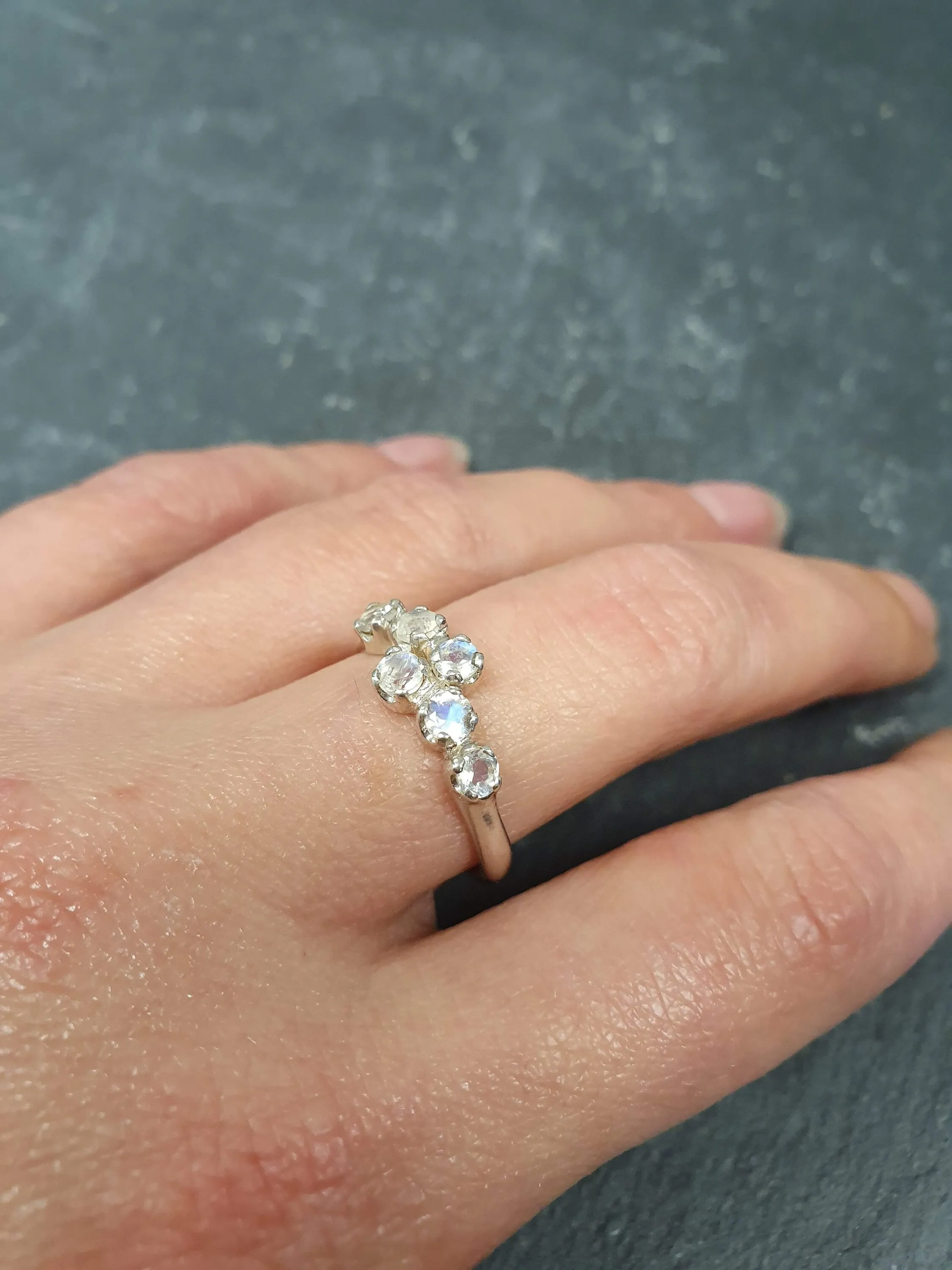 Rainbow Moonstone Ring - White Bypass Band - Vintage Eternity Ring