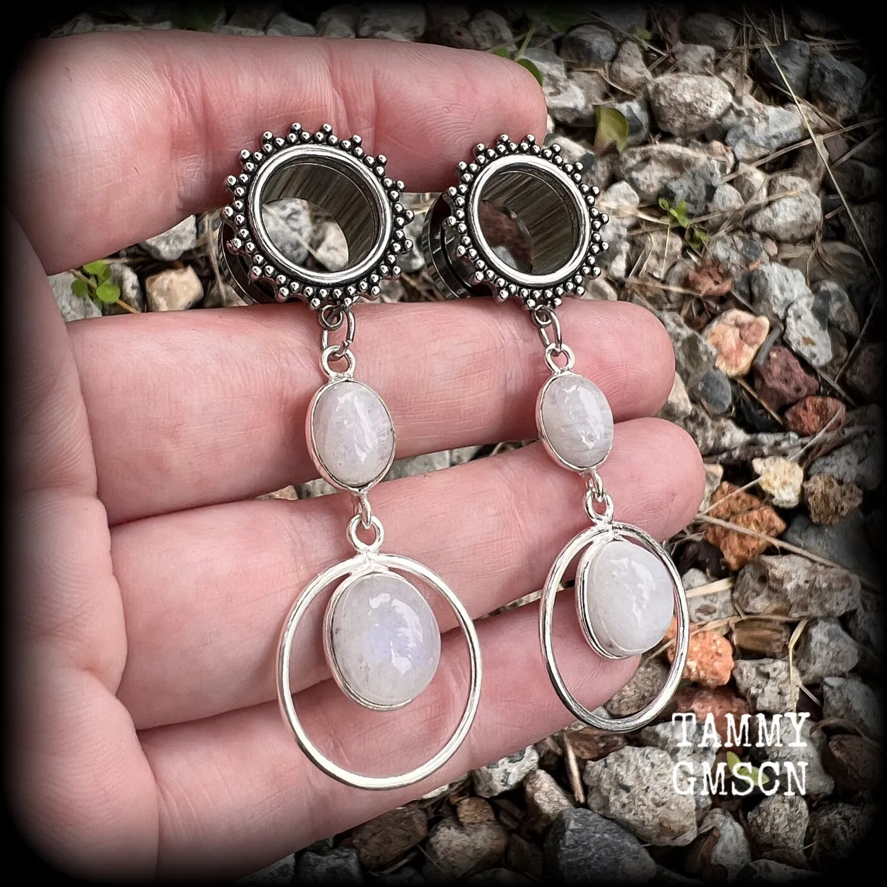 Rainbow moonstone tunnel dangles-Gemstone tunnels