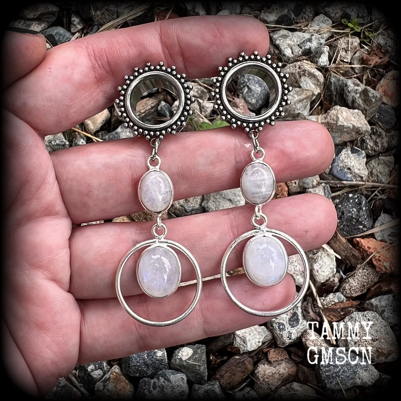 Rainbow moonstone tunnel dangles-Gemstone tunnels