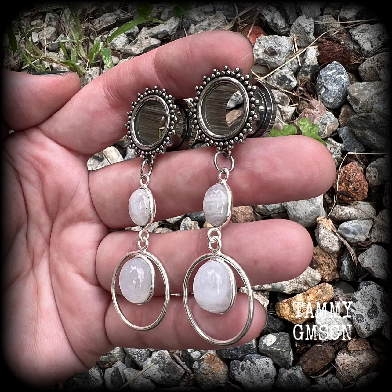 Rainbow moonstone tunnel dangles-Gemstone tunnels