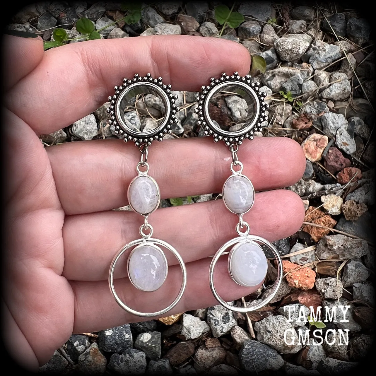 Rainbow moonstone tunnel dangles-Gemstone tunnels