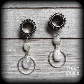 Rainbow moonstone tunnel dangles-Gemstone tunnels