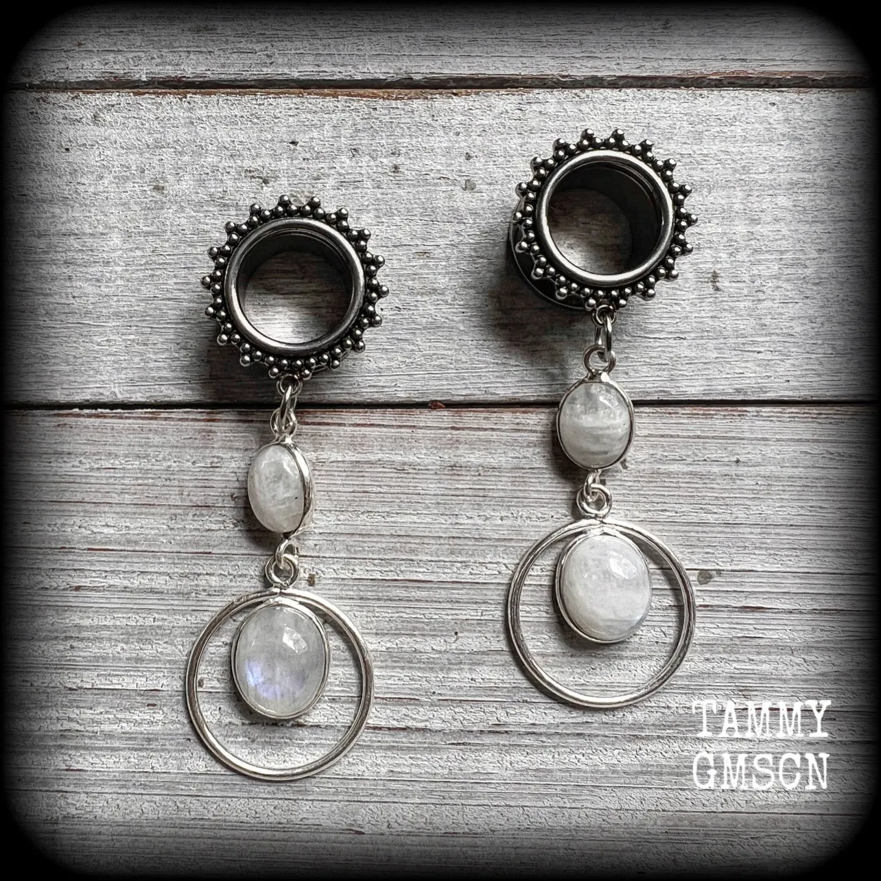 Rainbow moonstone tunnel dangles-Gemstone tunnels