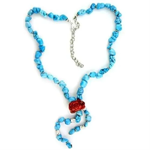 Rhodium Brass Necklace with Synthetic Turquoise in Sea Blue for Women Style LOA113
