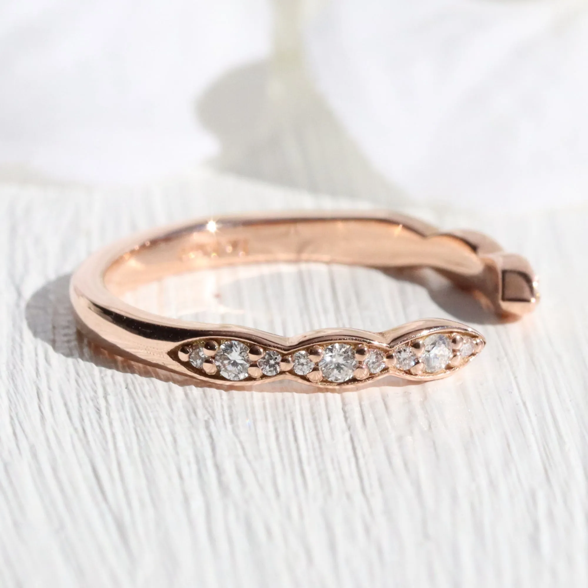 Scalloped Diamond Wedding Ring in Vintage Style Open Shank Band