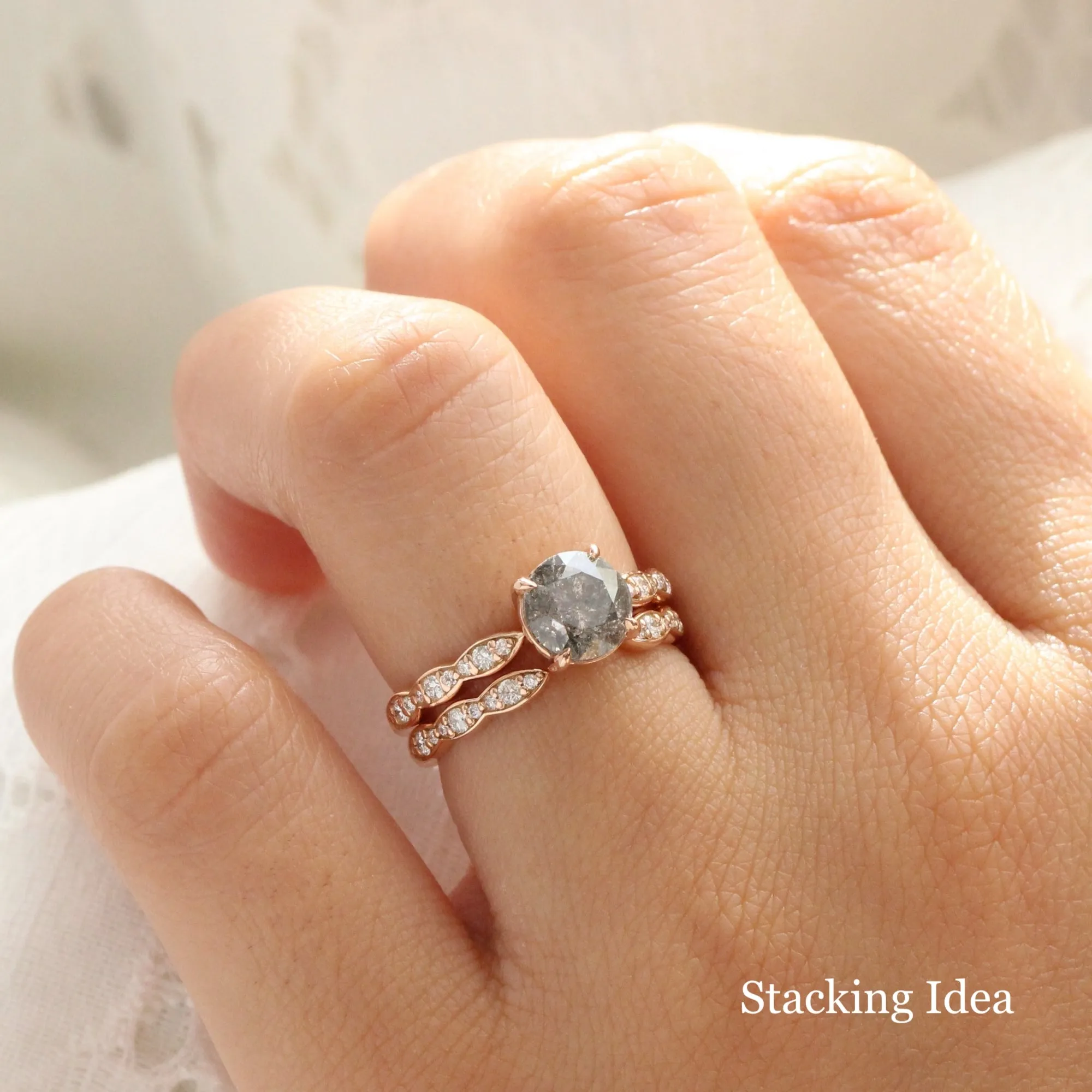 Scalloped Diamond Wedding Ring in Vintage Style Open Shank Band
