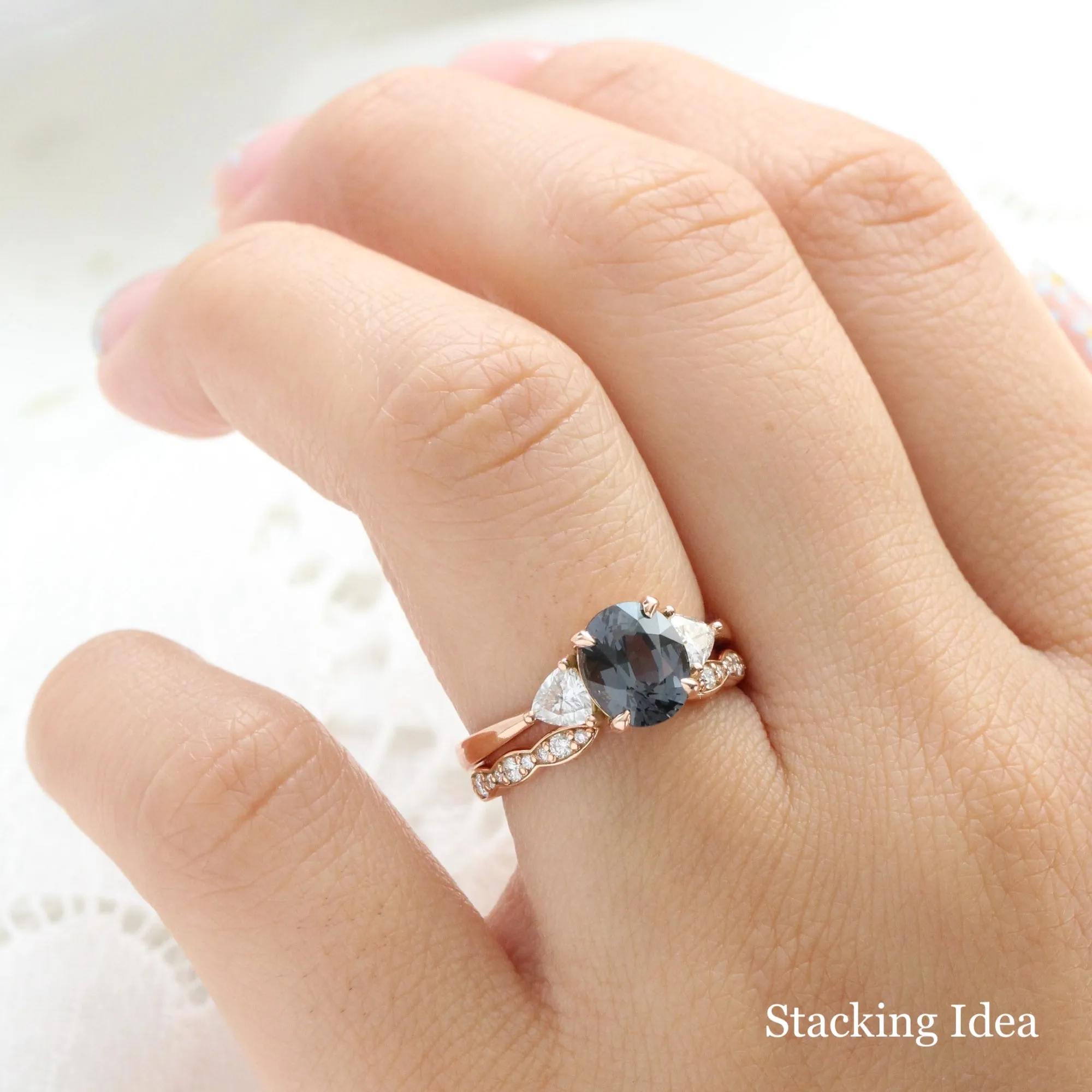 Scalloped Diamond Wedding Ring in Vintage Style Open Shank Band