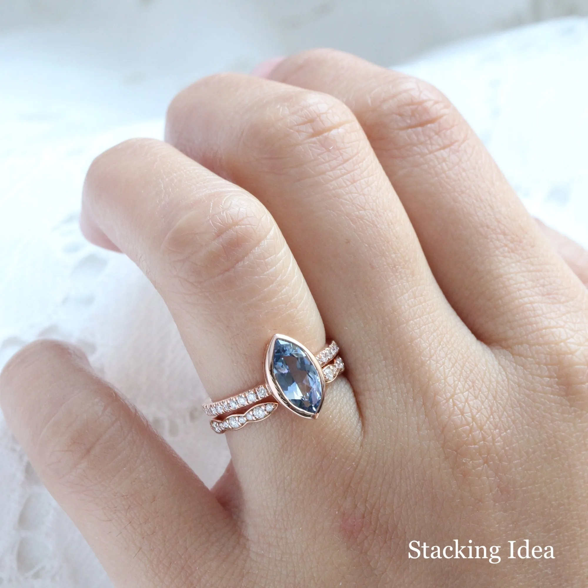 Scalloped Diamond Wedding Ring in Vintage Style Open Shank Band