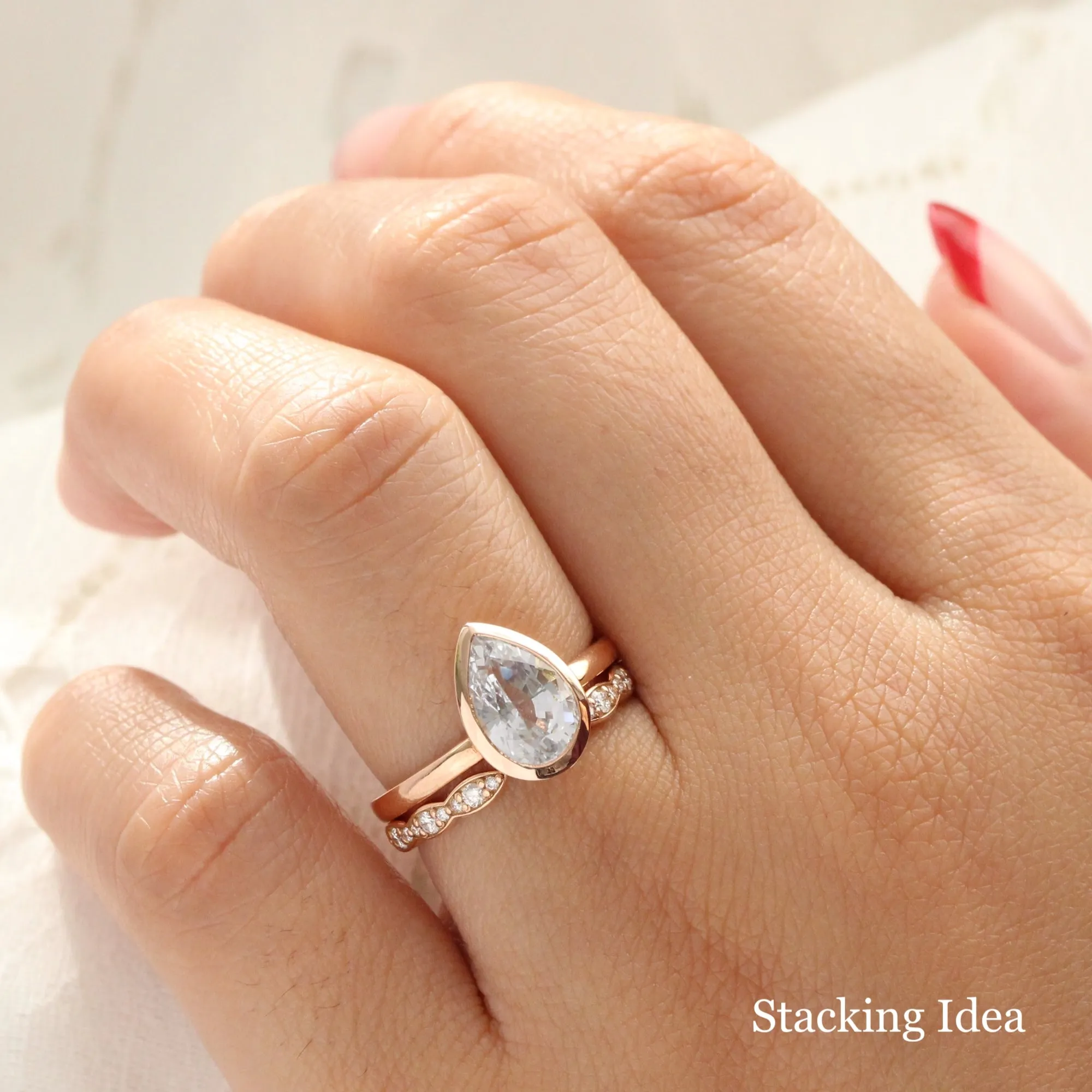 Scalloped Diamond Wedding Ring in Vintage Style Open Shank Band