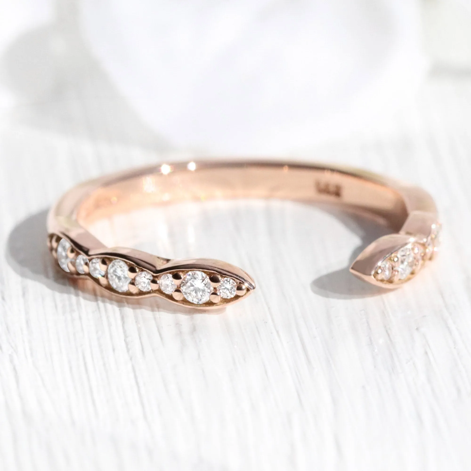 Scalloped Diamond Wedding Ring in Vintage Style Open Shank Band
