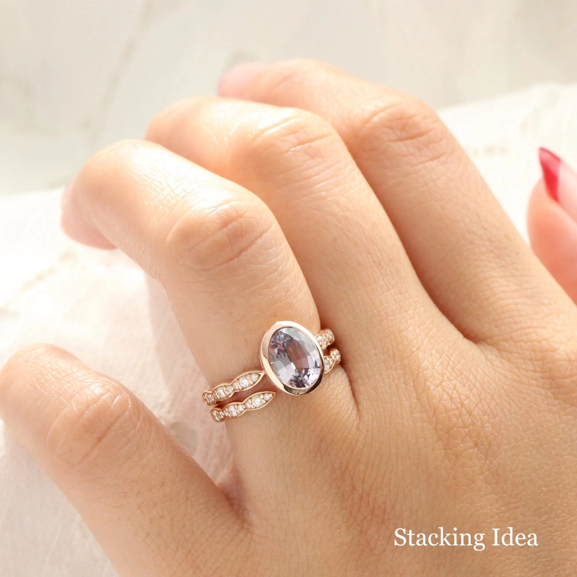 Scalloped Diamond Wedding Ring in Vintage Style Open Shank Band
