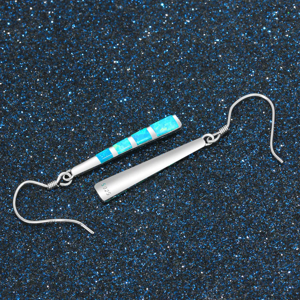 Small Long Cylinder Pendant Blue Opal Sterling Silver Hook Earrings