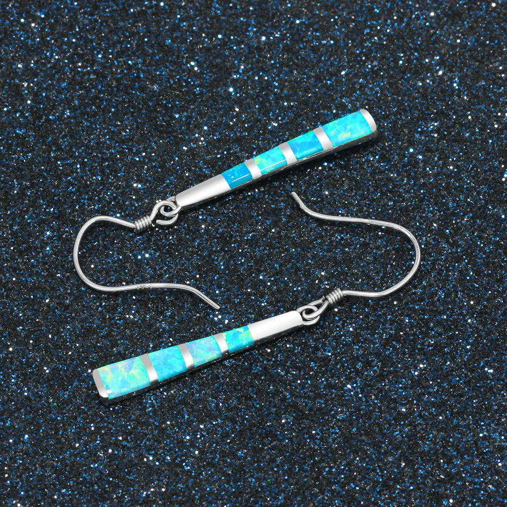 Small Long Cylinder Pendant Blue Opal Sterling Silver Hook Earrings