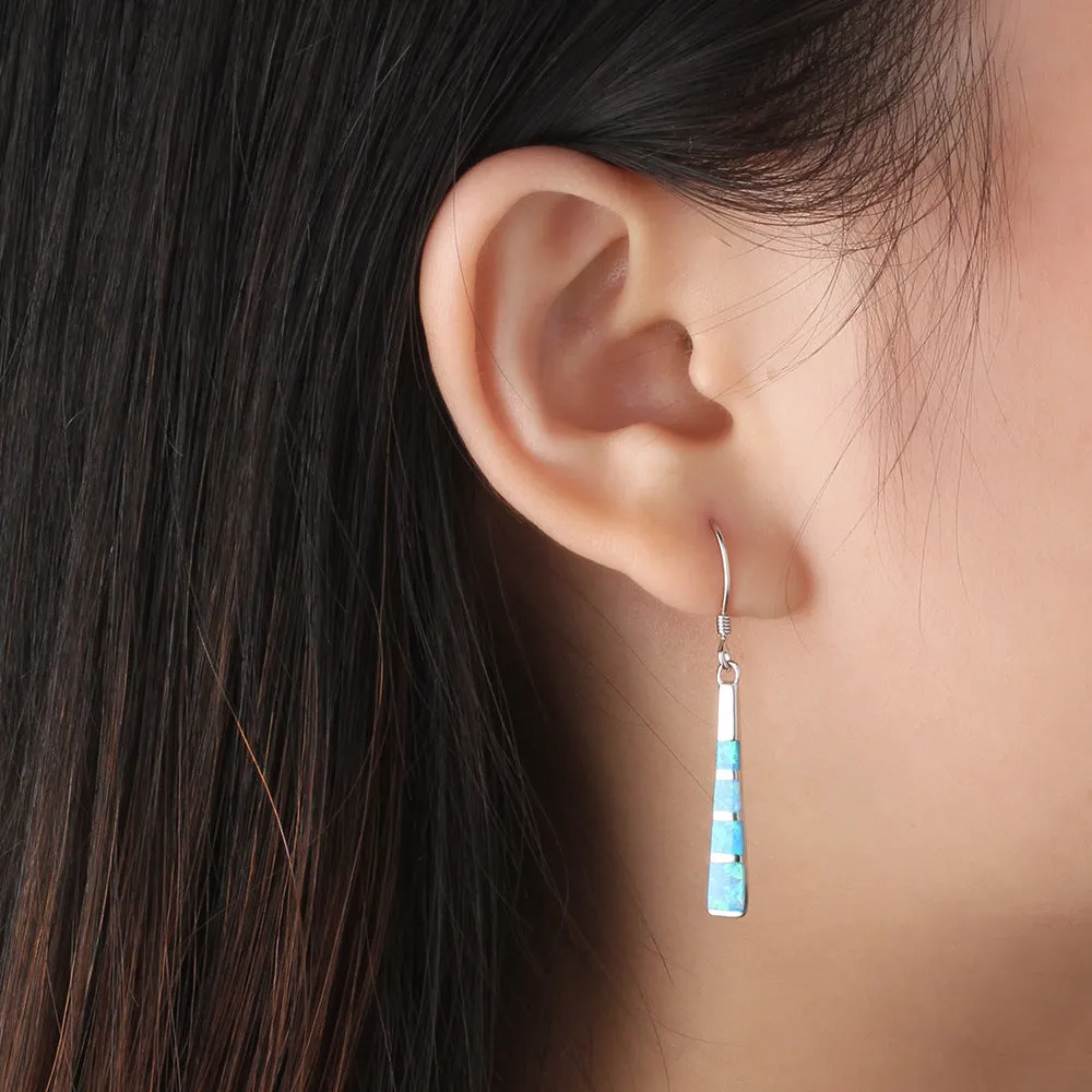 Small Long Cylinder Pendant Blue Opal Sterling Silver Hook Earrings