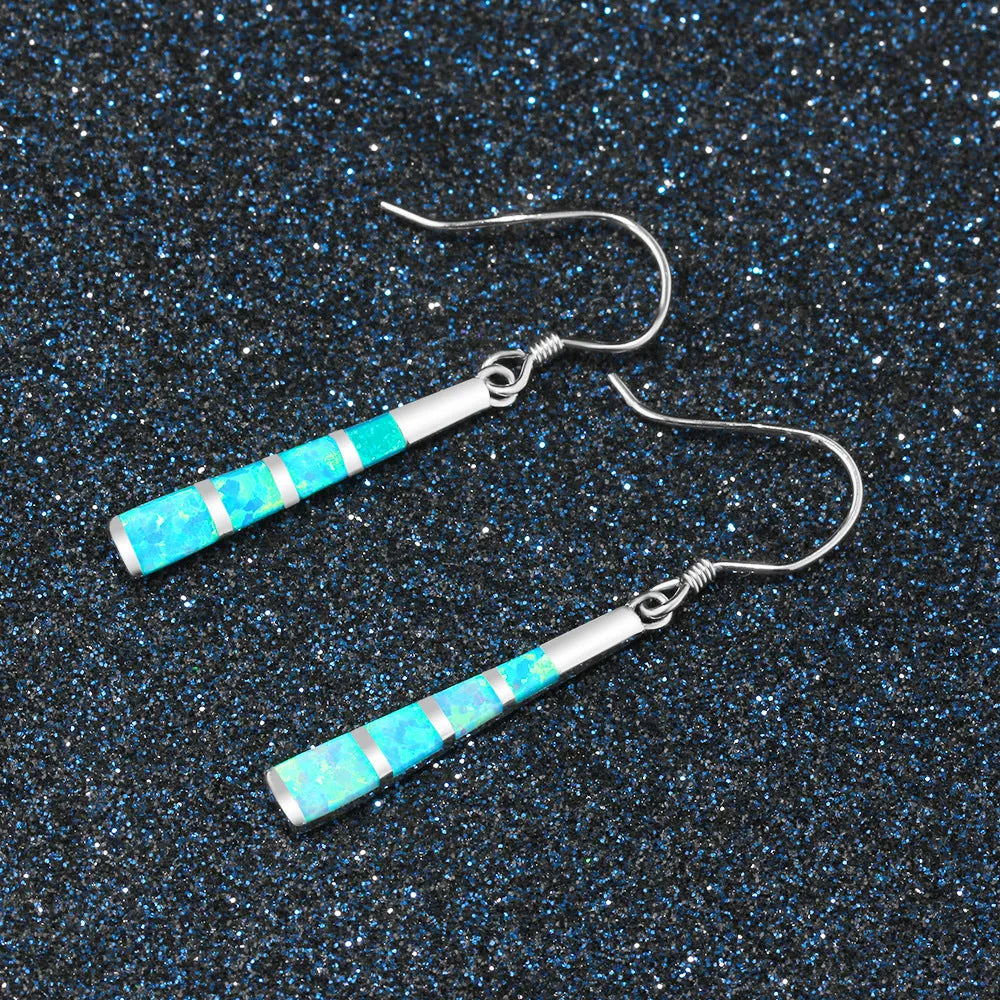 Small Long Cylinder Pendant Blue Opal Sterling Silver Hook Earrings