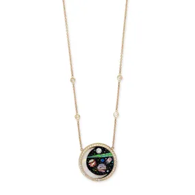 SMALL PAVE ROUND ONYX   OPAL CRESCENT GALAXY PLANET INLAY NECKLACE
